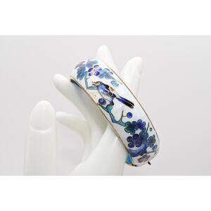 Vintage Cloisonne Enamel Bracelet Old Chinese Asian Wide Hinged Bangle Birds